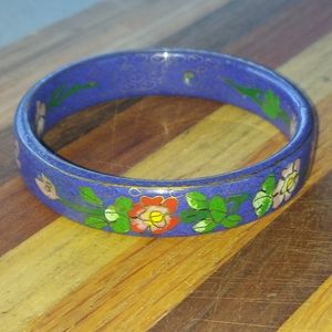 Brass Vintage Purple Enamel Cloisonne Asian Bangle Bracelet Mauve & Red Flowers